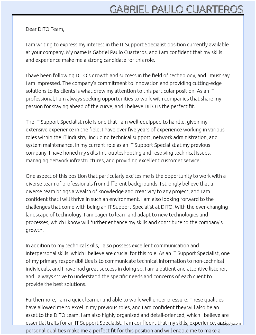 IT Support Specialist At DITO Cover Letter