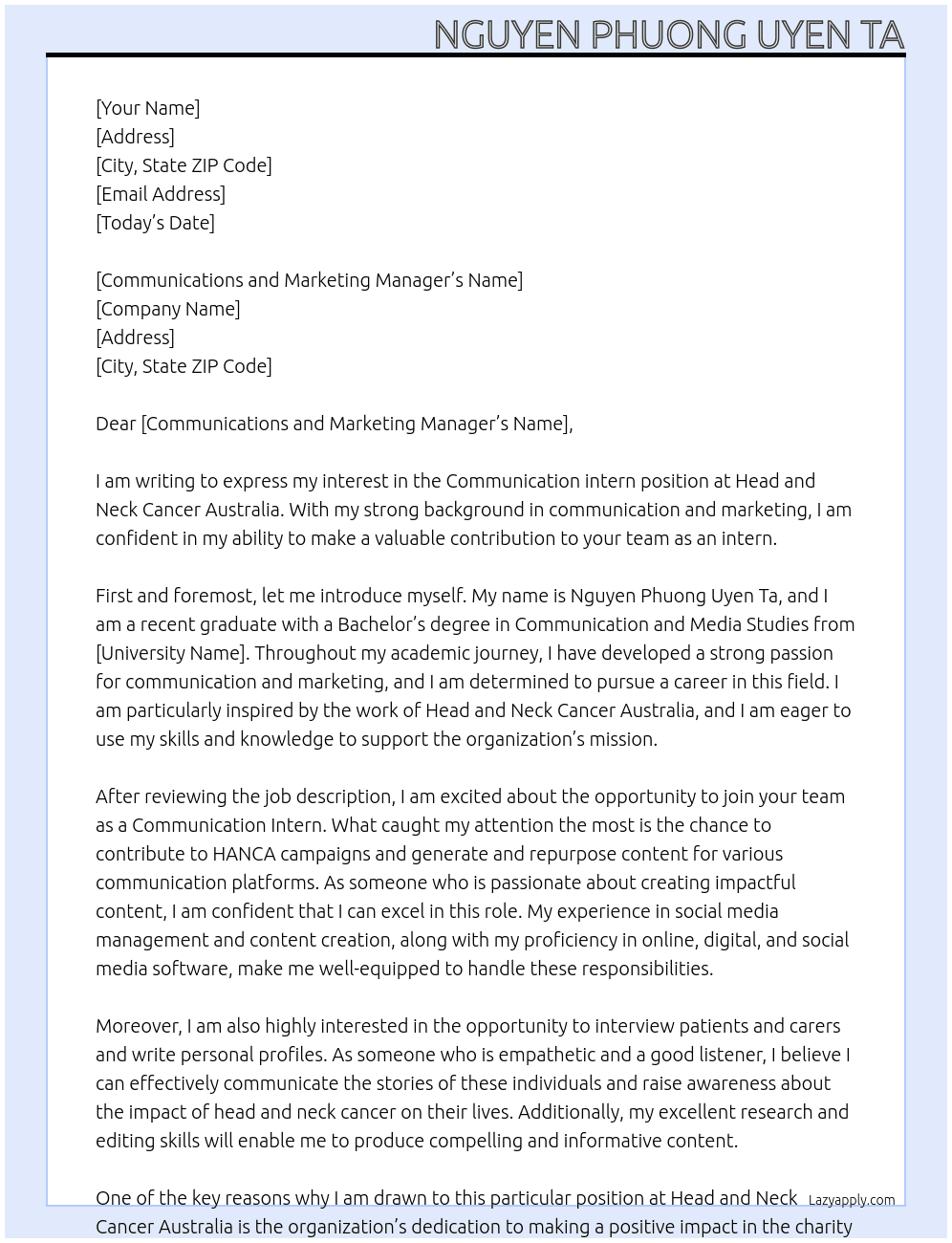 Communication intern At Head and Neck Cancer Australia Cover Letter