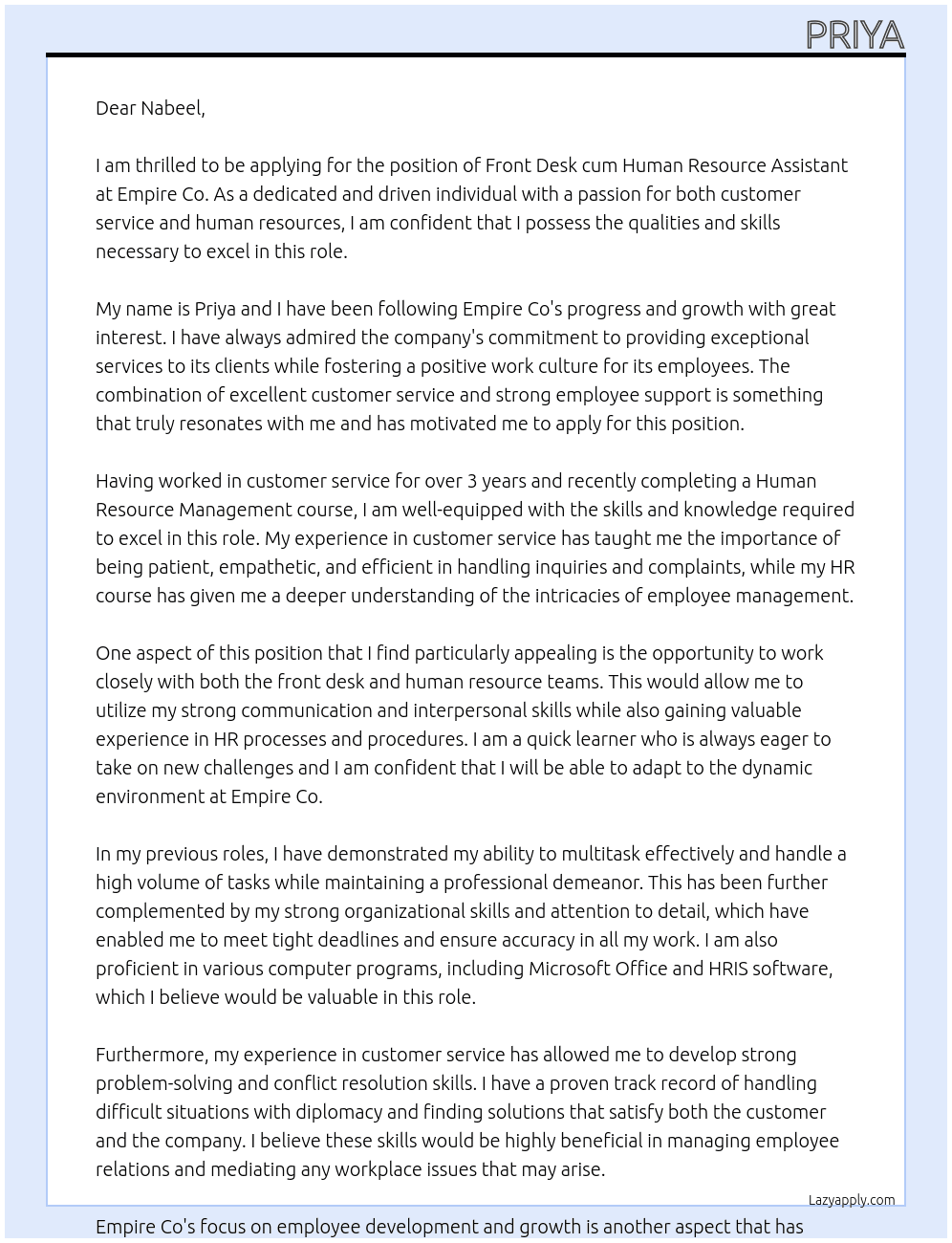 Front desk cum human resource assistant At Empire co Cover Letter