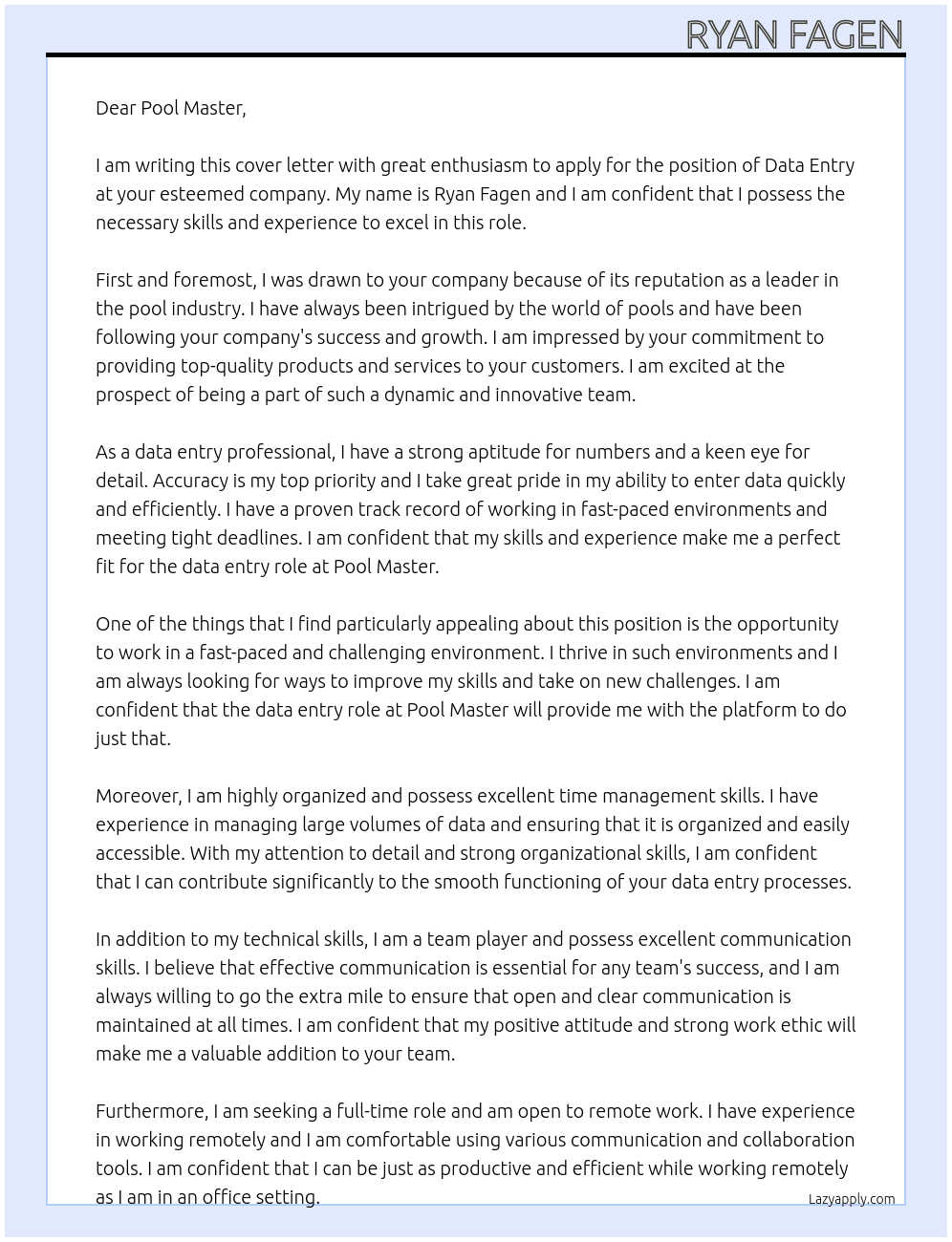 Data entry At pool master Cover Letter