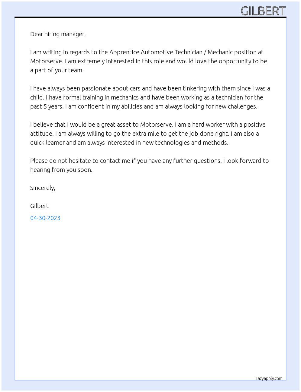 Apprentice Automotive Technician / Mechanic At Motorserve Cover Letter