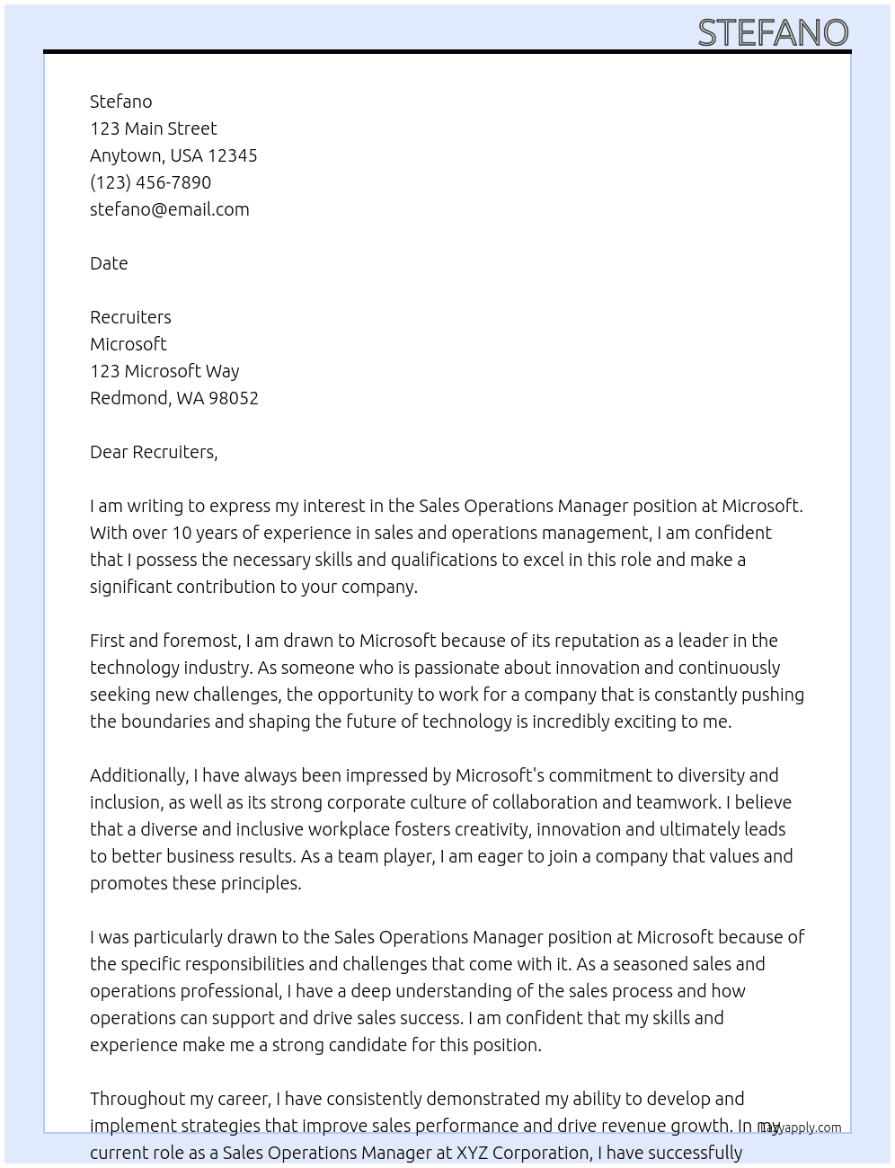 Sales Operations Manager At Microsoft Cover Letter