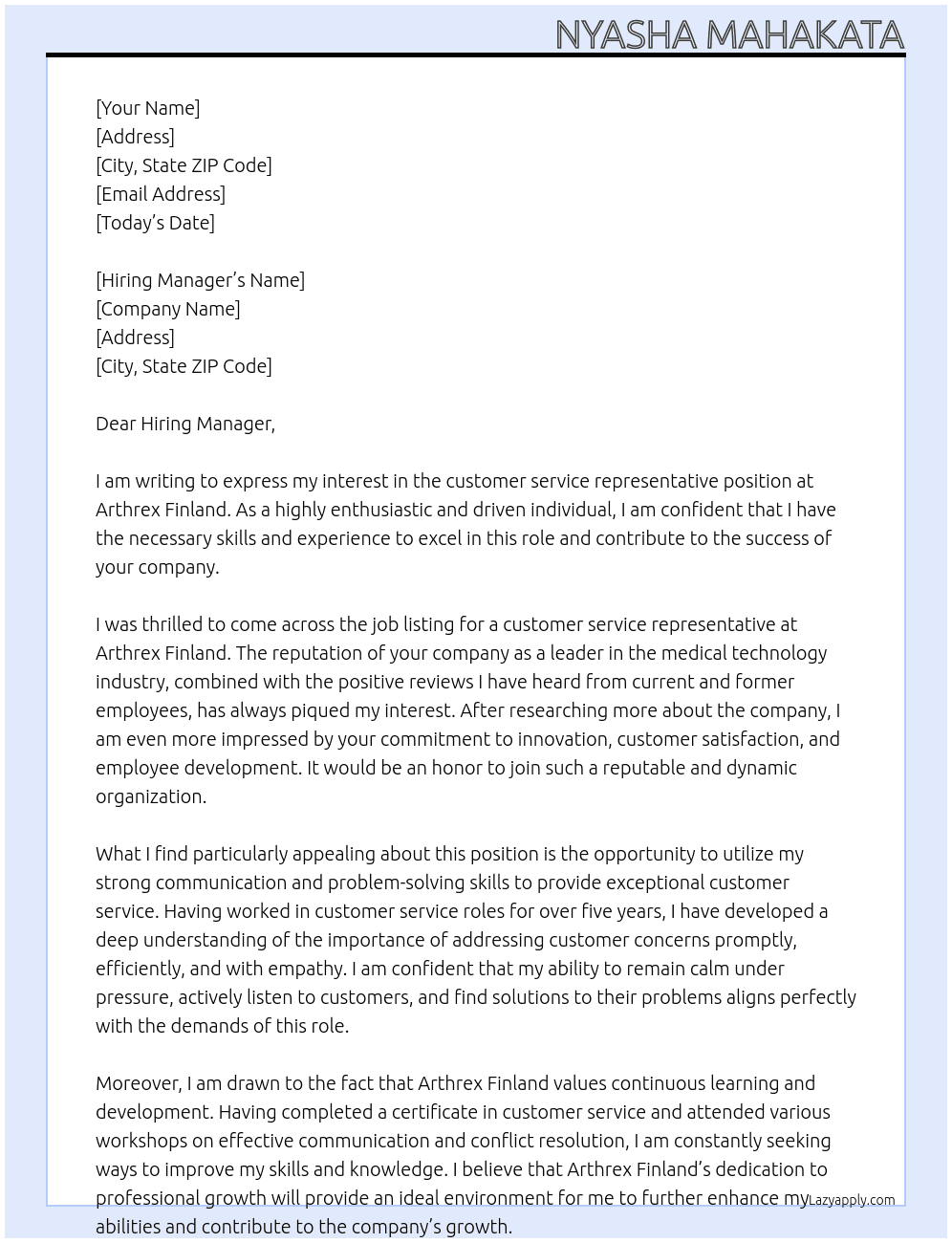 customer service representative At Arthrex Finland Cover Letter