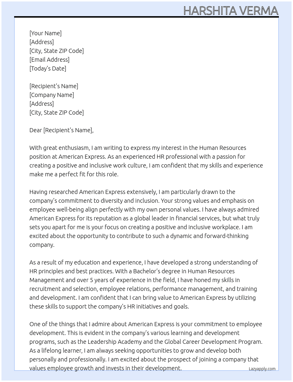 Human Resources At American Express Cover Letter