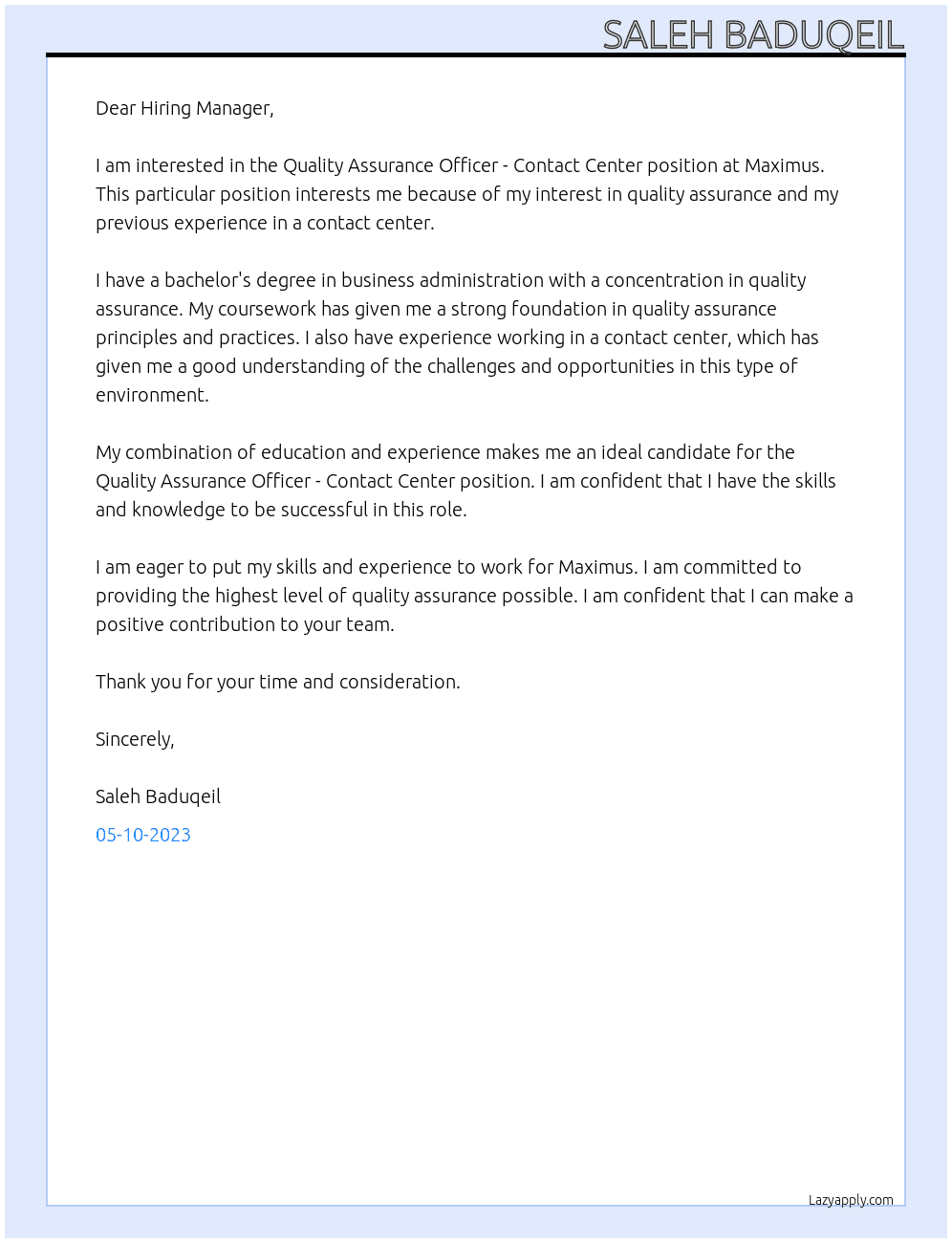 Quality Assurance Officer - Contact Center  At Maximus Cover Letter