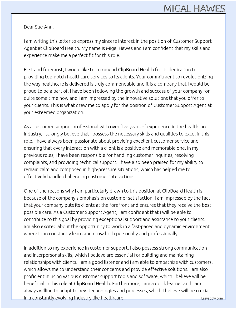 Customer Support Agent At ClipBoard Health Cover Letter