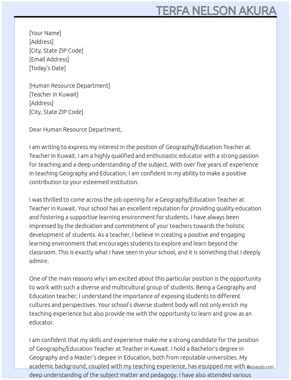 Geography/Education Teacher At Teacher in Kuwait Cover Letter