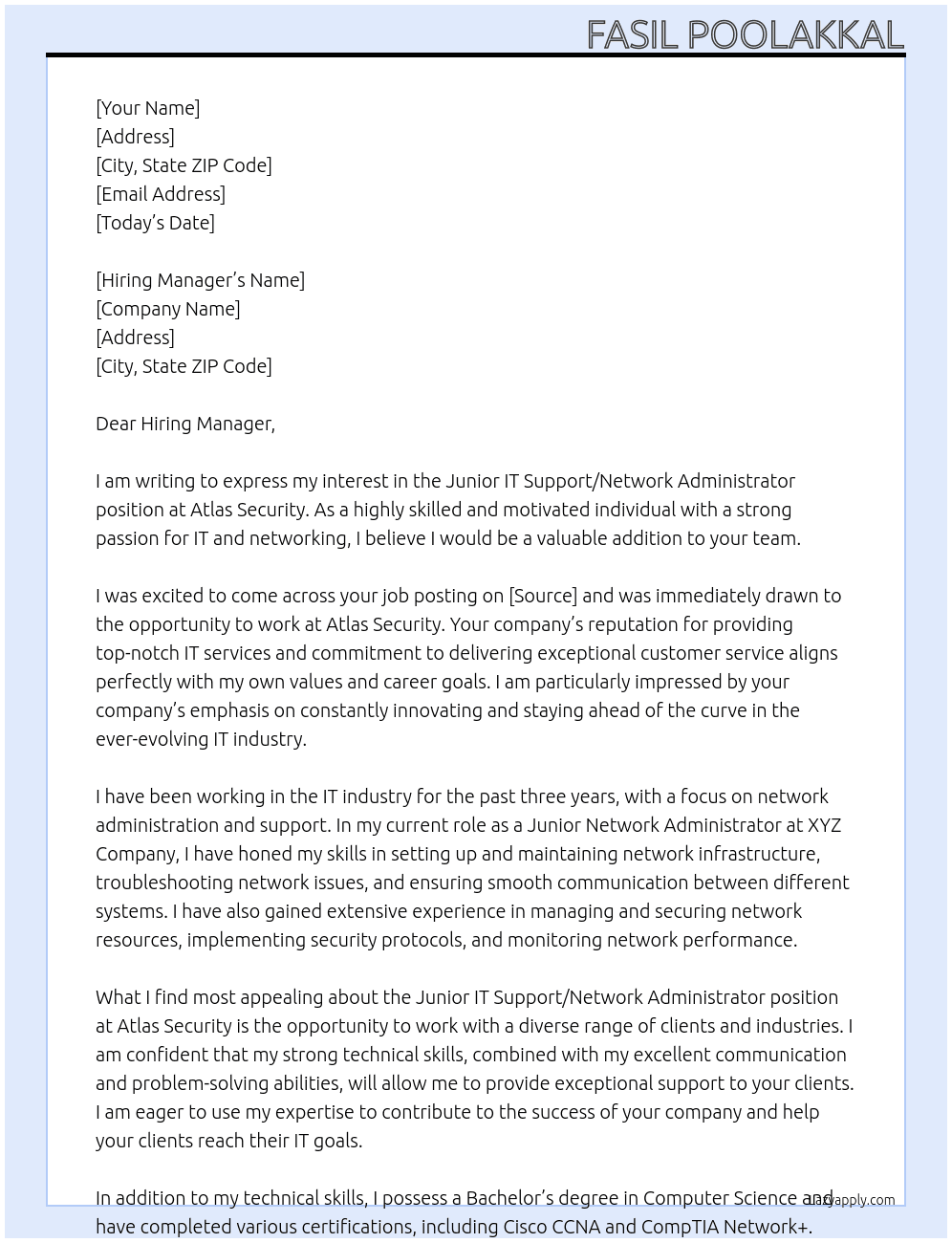 Junior IT Support/Network Administrator At Atlas Security Cover Letter