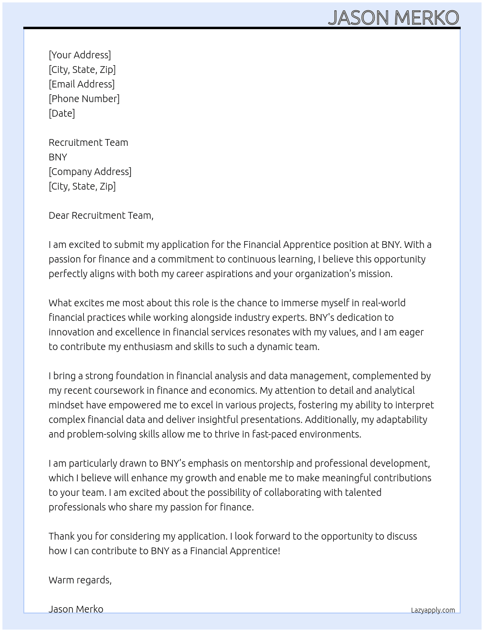 financial apprentice At BNY Cover Letter