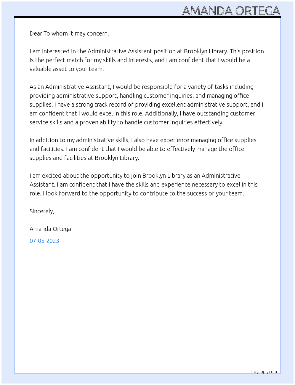 Administrative Assistant At Brooklyn Library Cover Letter