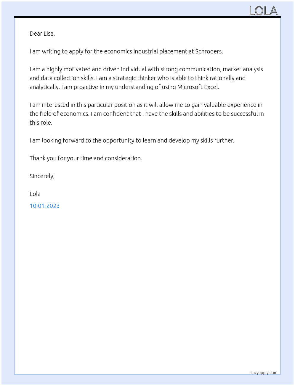 economics industrial placement At Schroders Cover Letter