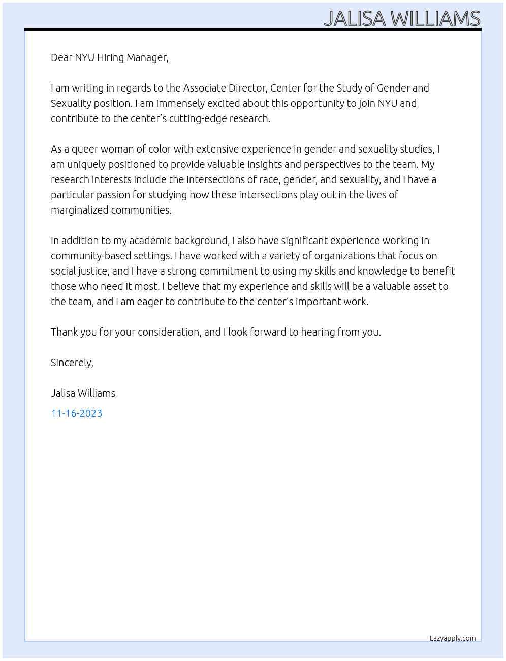 Associate Director, Center for the Study of Gender and Sexuality At NYU Cover Letter
