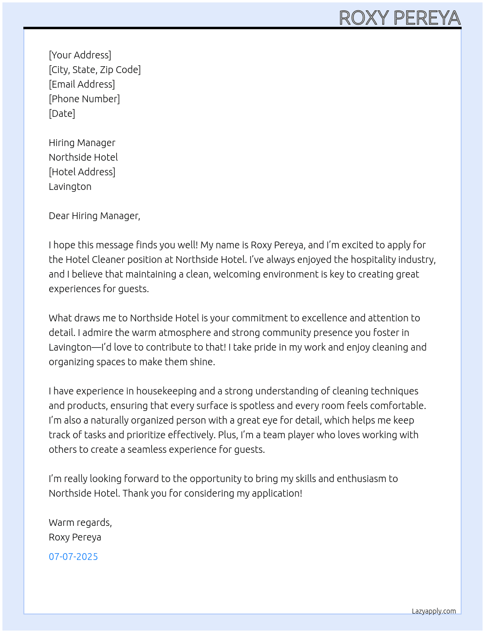 Hotel Cleaner At Northside Hotel Cover Letter