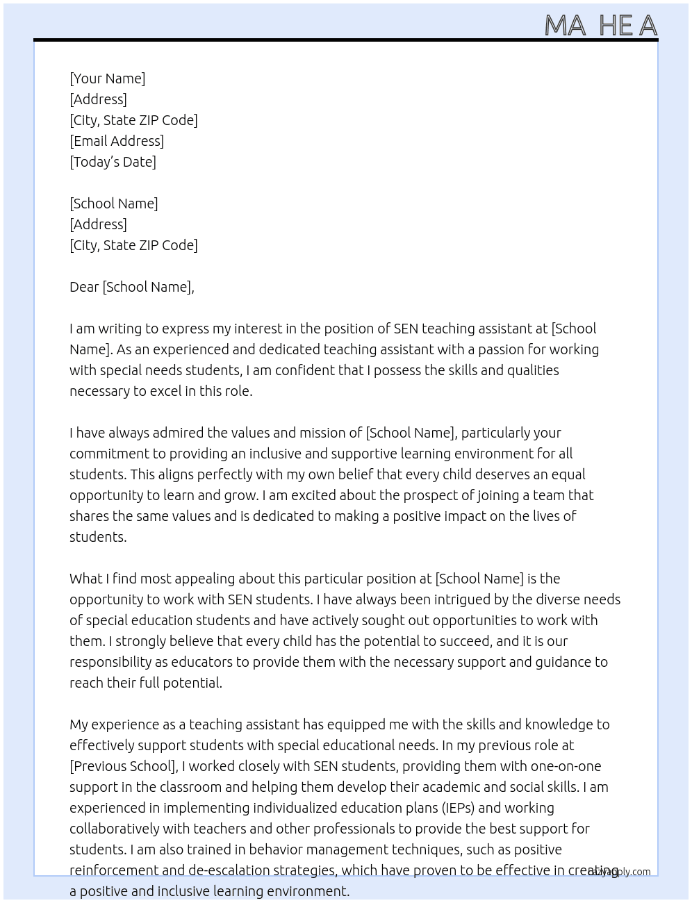 SEN teaching assistant  At School  Cover Letter