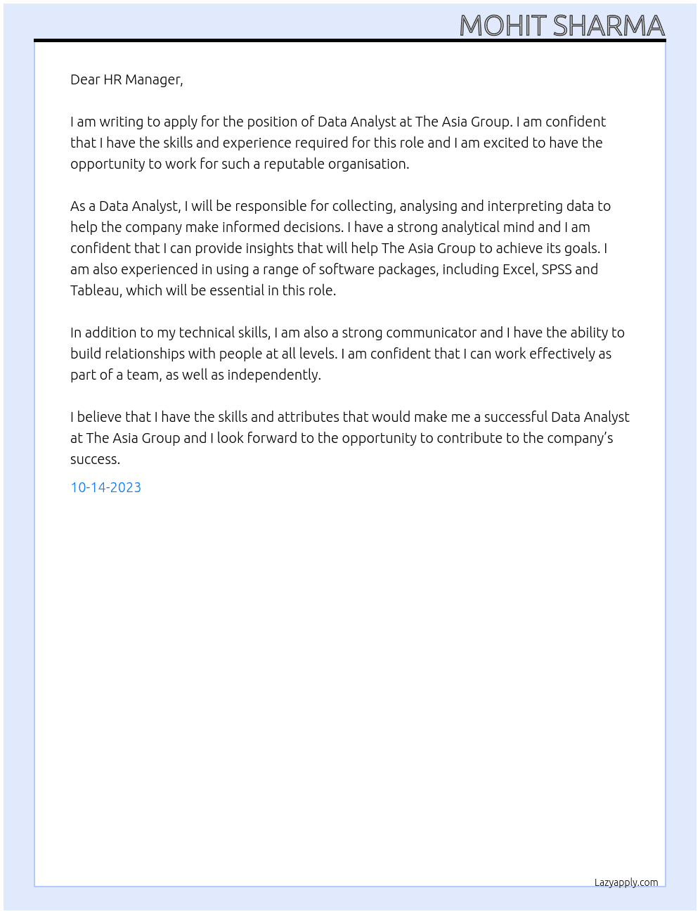 Data Analyst At The Asia Group Cover Letter