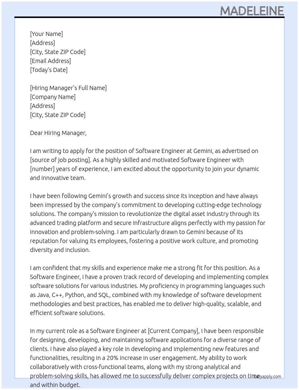 Software Engineer At Gemini Cover Letter