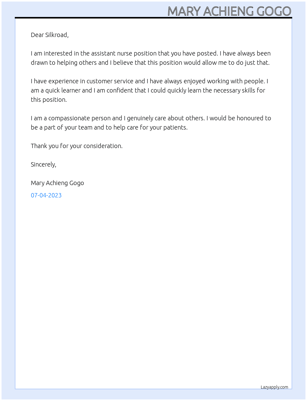 assistant nurse At silkroad Cover Letter