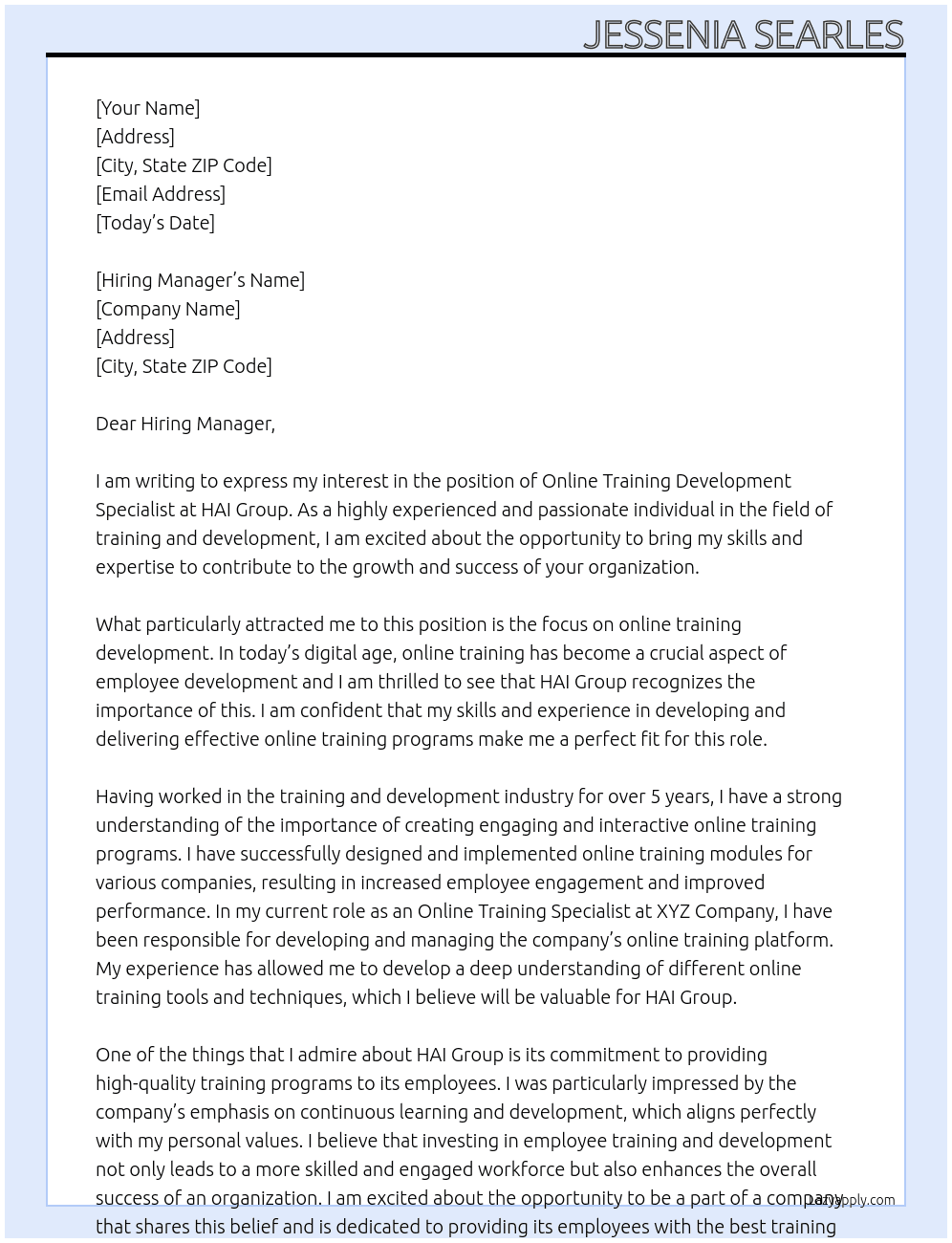 Online Training Development Specialiast At HAI Group Cover Letter