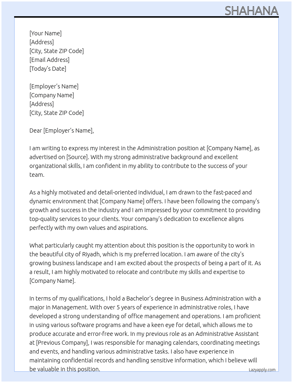 ADMINISTRATION At XXX Cover Letter
