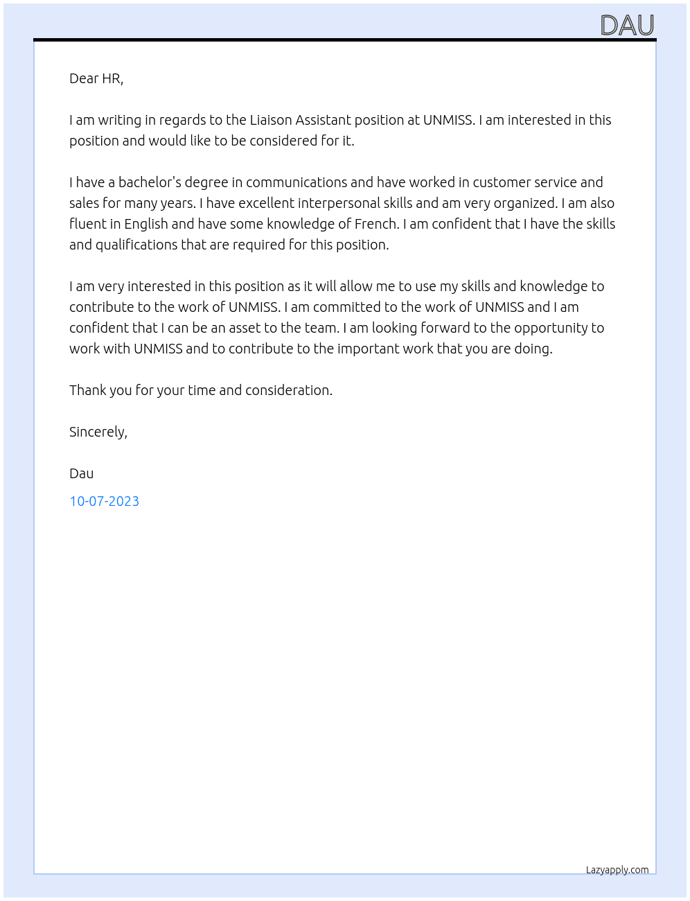 Liaison Assistant At UNMISS Cover Letter