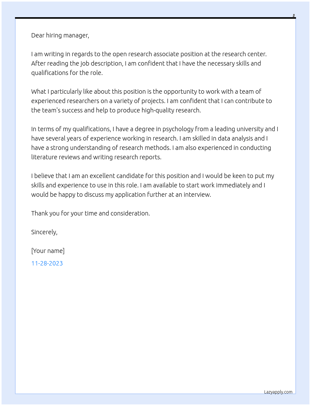 Research associate  At Research center  Cover Letter
