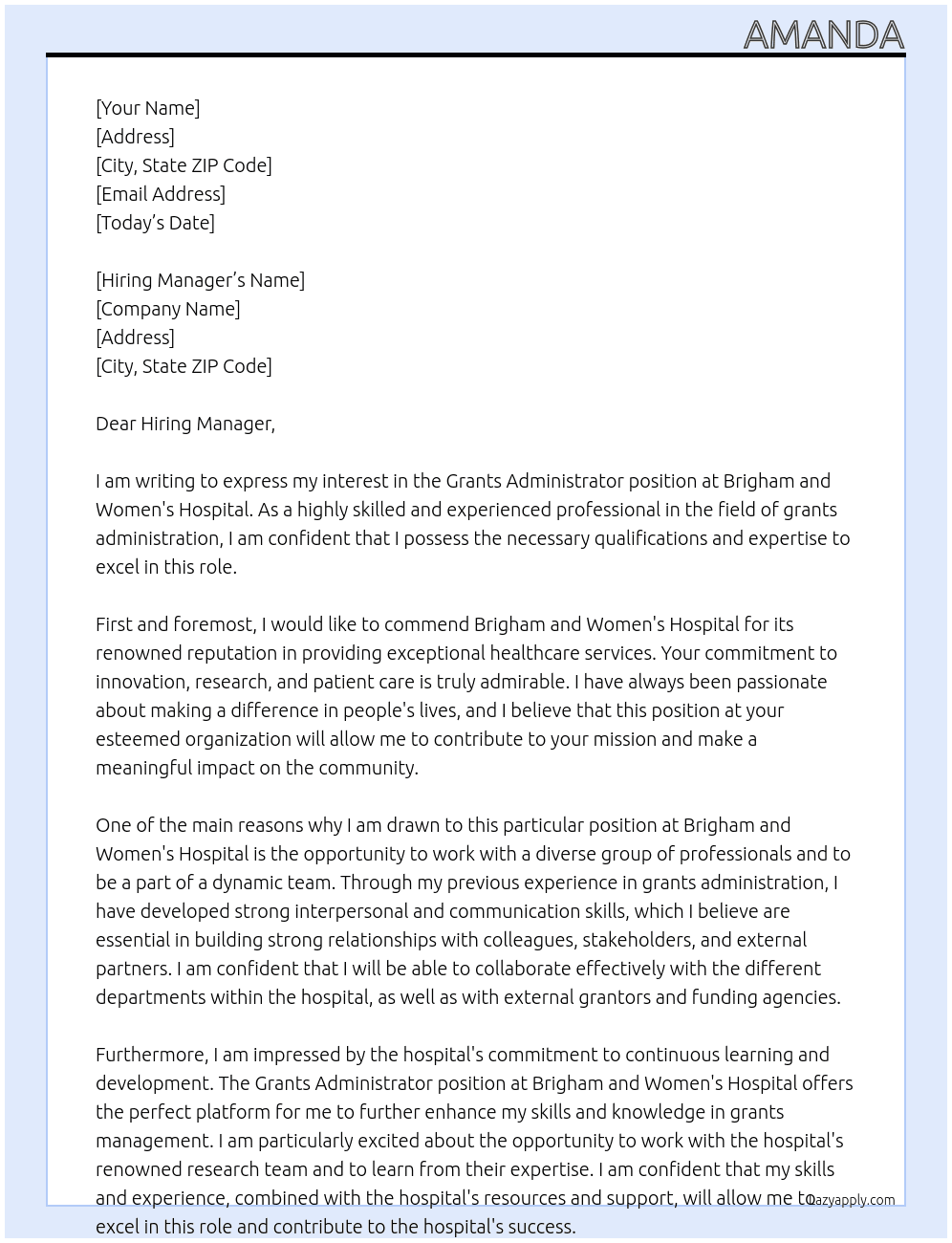 Grants Administrator At Brigham and Women's Hospital Cover Letter