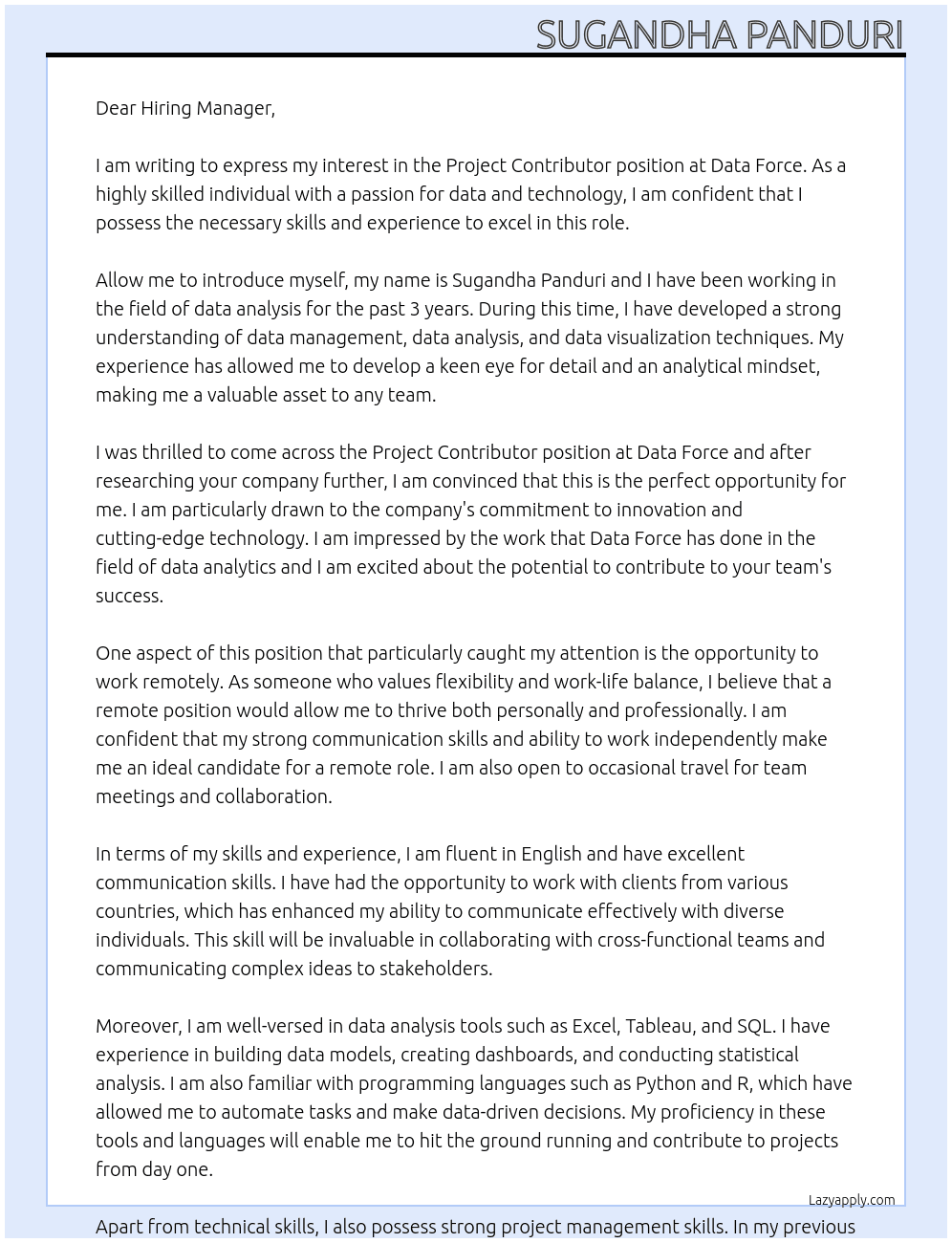 project contributor At Data Force  Cover Letter