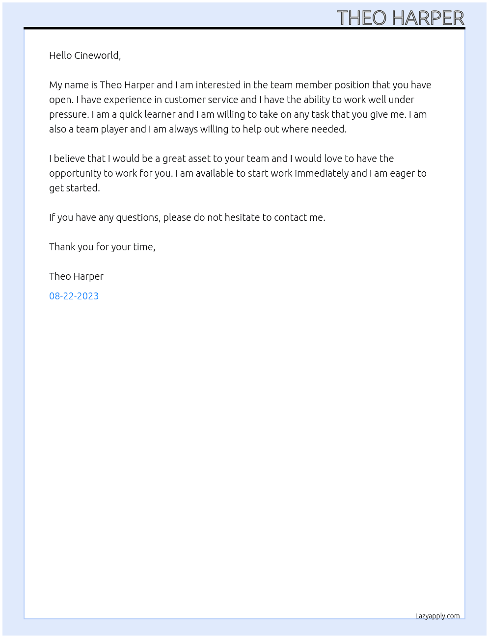Team Memver At Cineworld Cover Letter