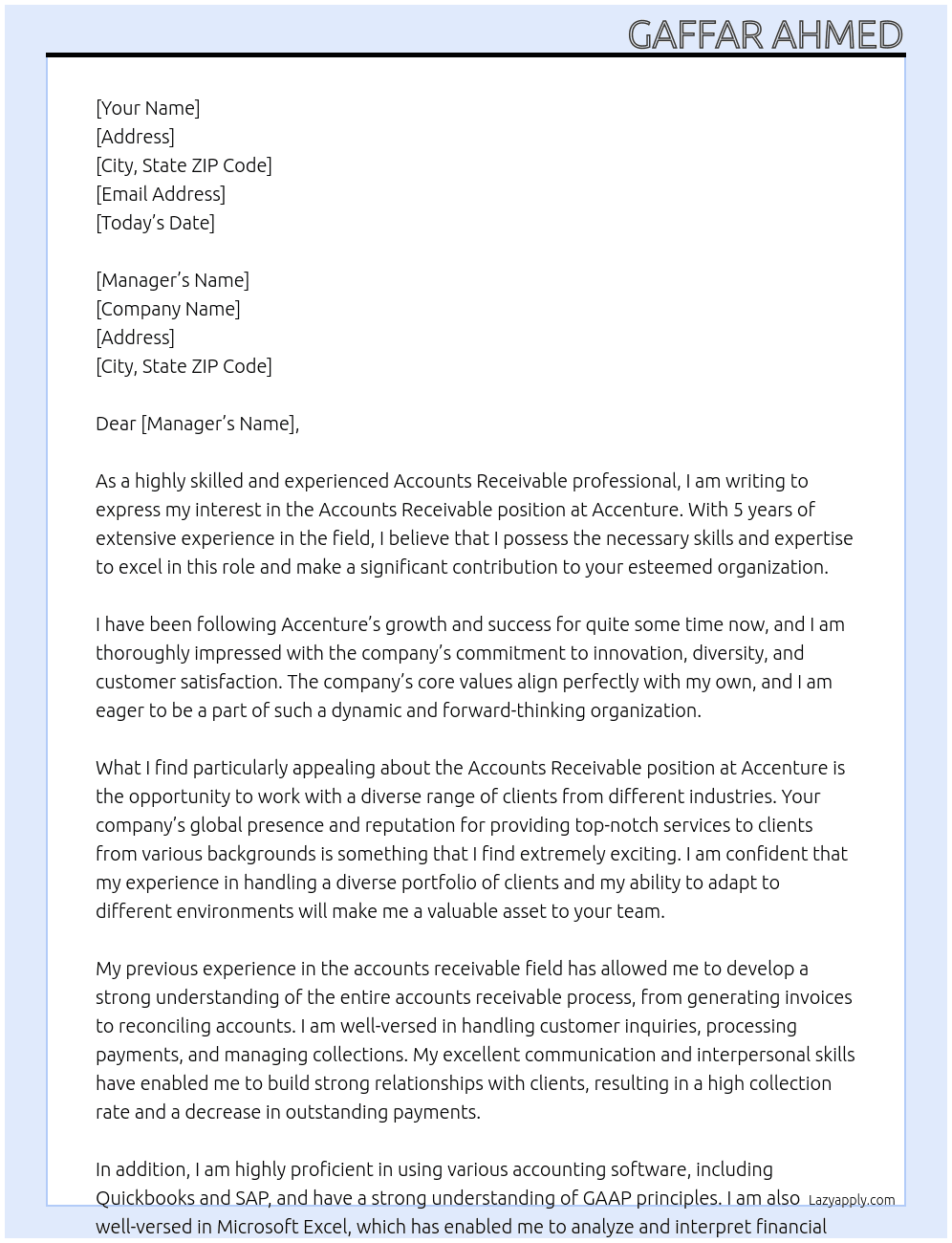 ACCOUNTS RECEIVABLE  At ACCENTURE Cover Letter