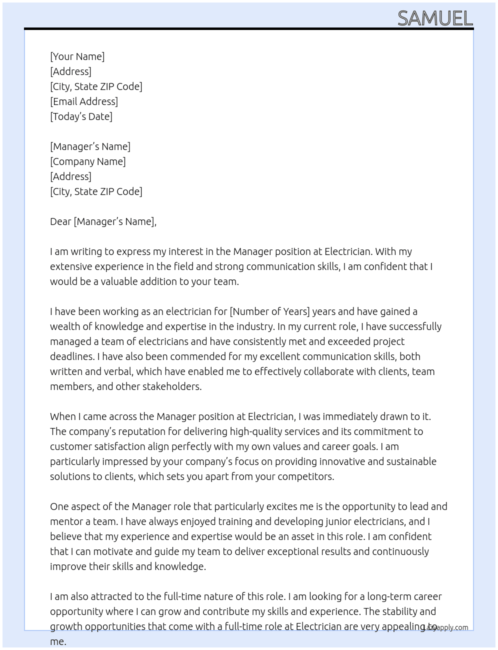 manager At electrician Cover Letter