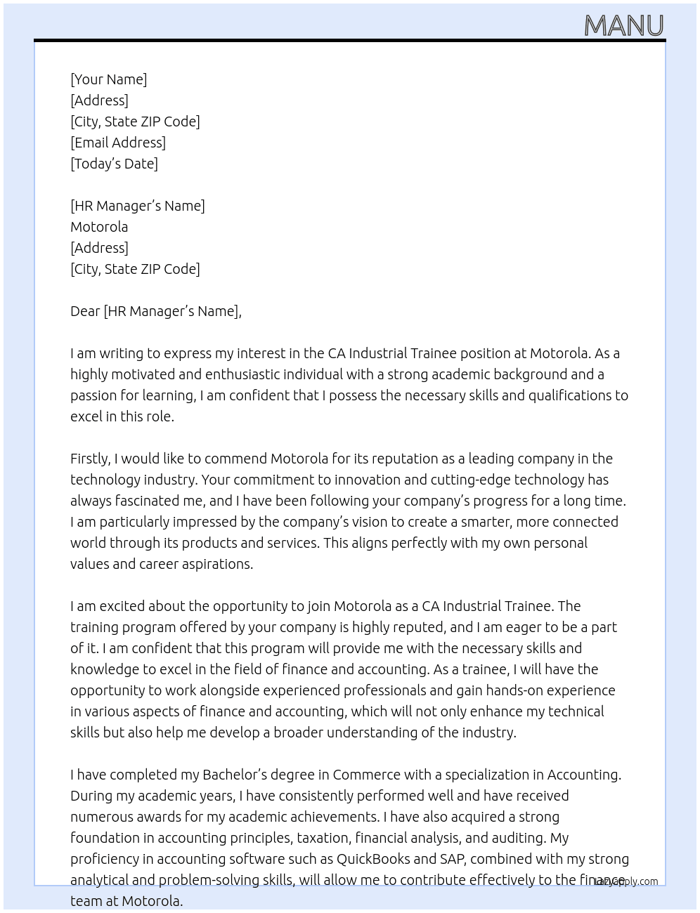 Ca industrial trainne At Motorola Cover Letter