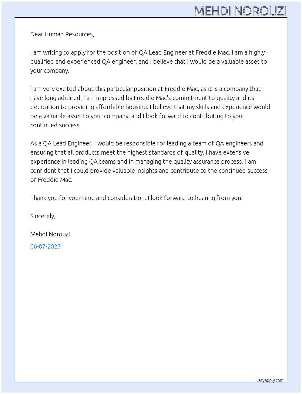 QA Lead Engineer At Freddie Mac Cover Letter