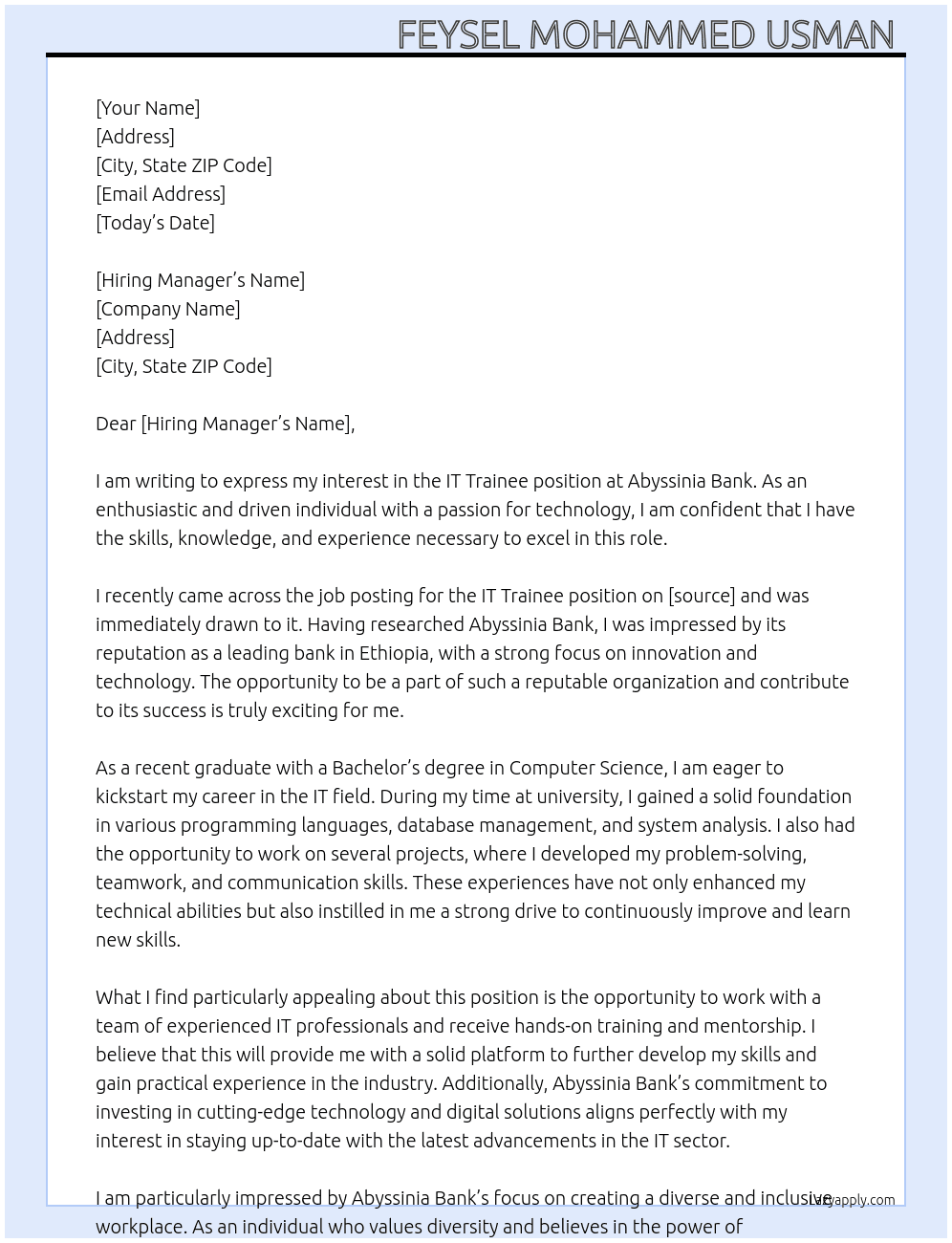 It trainee  At Abyssinia bank Cover Letter