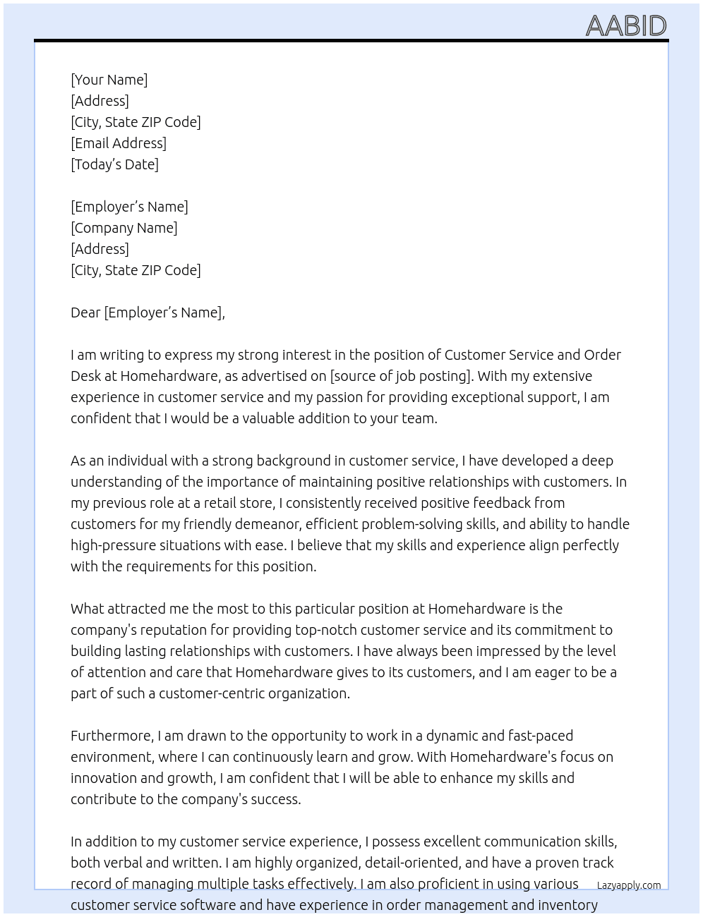 customer service and order desk At Homehardware Cover Letter