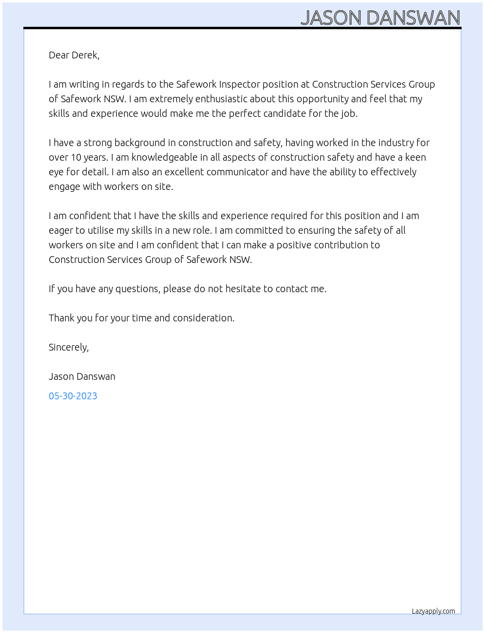 Safework Inspector At Construction Services Group of Safework NSW Cover Letter