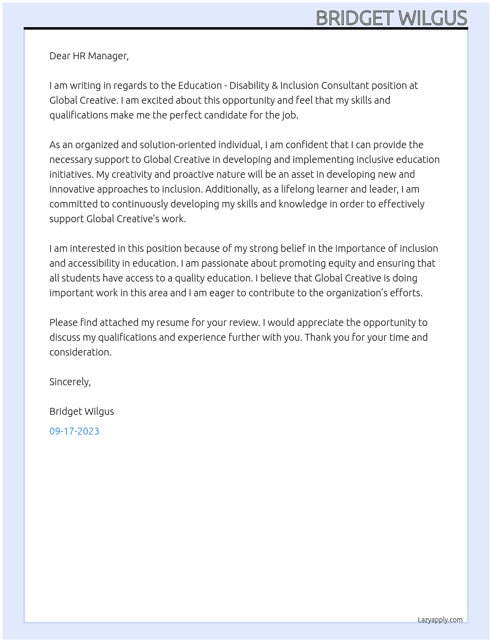 Education - Disability & Inclusion Consultant At Global Creative  Cover Letter