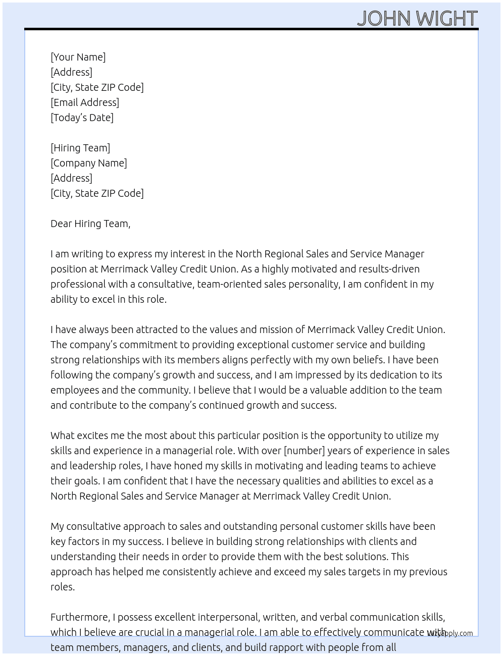 North Regional Sales and Service Manager At Merrimack Valley Credit Union Cover Letter