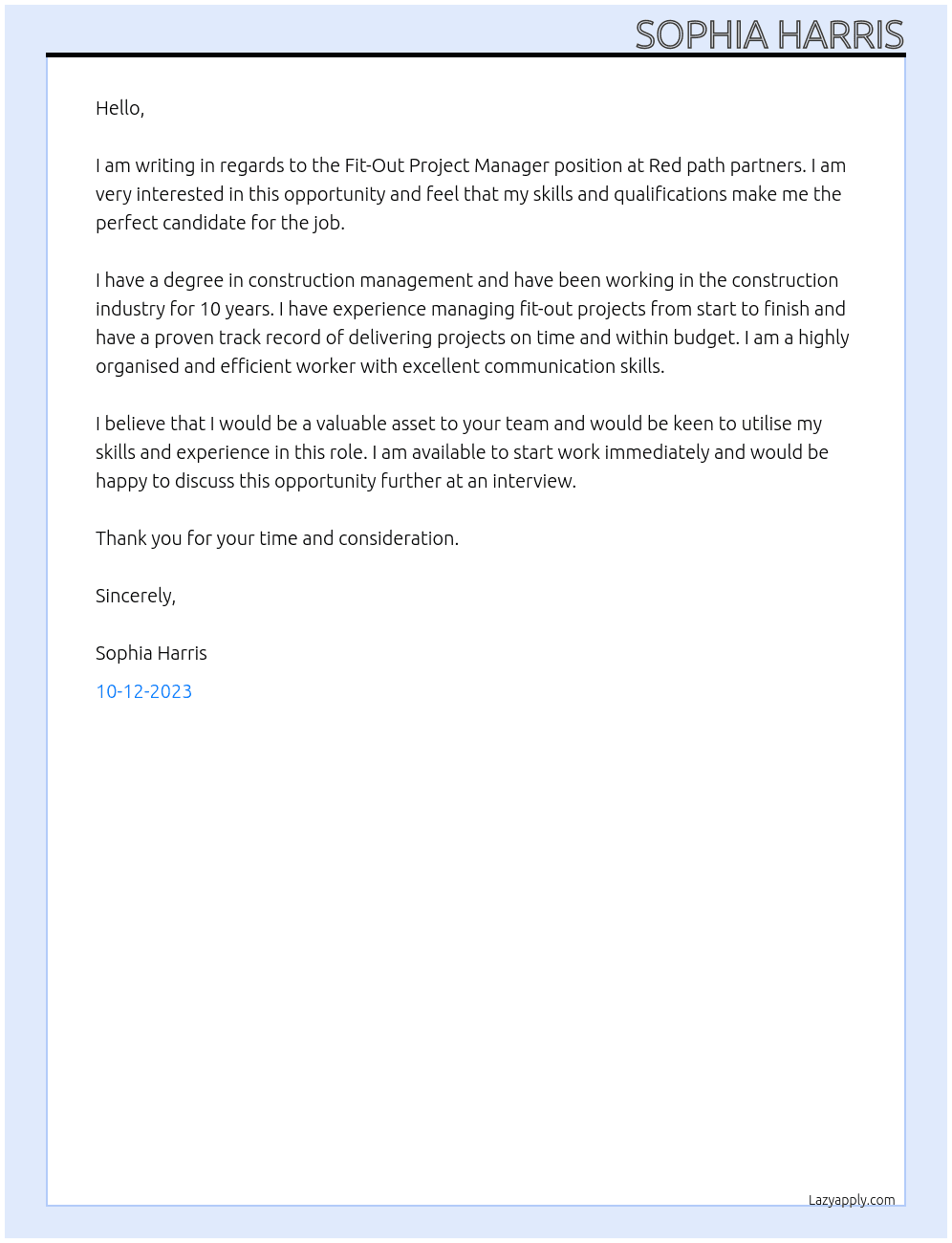 Fit-Out Project Manager At Red path partners Cover Letter