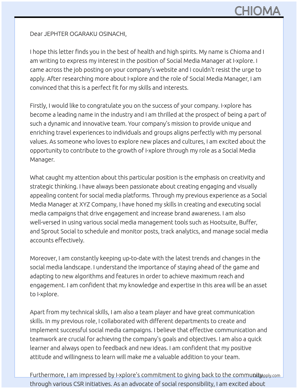 Social media manager At I-xplore Cover Letter