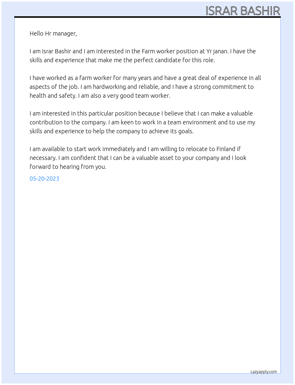 Farm worker At Yr janan Cover Letter