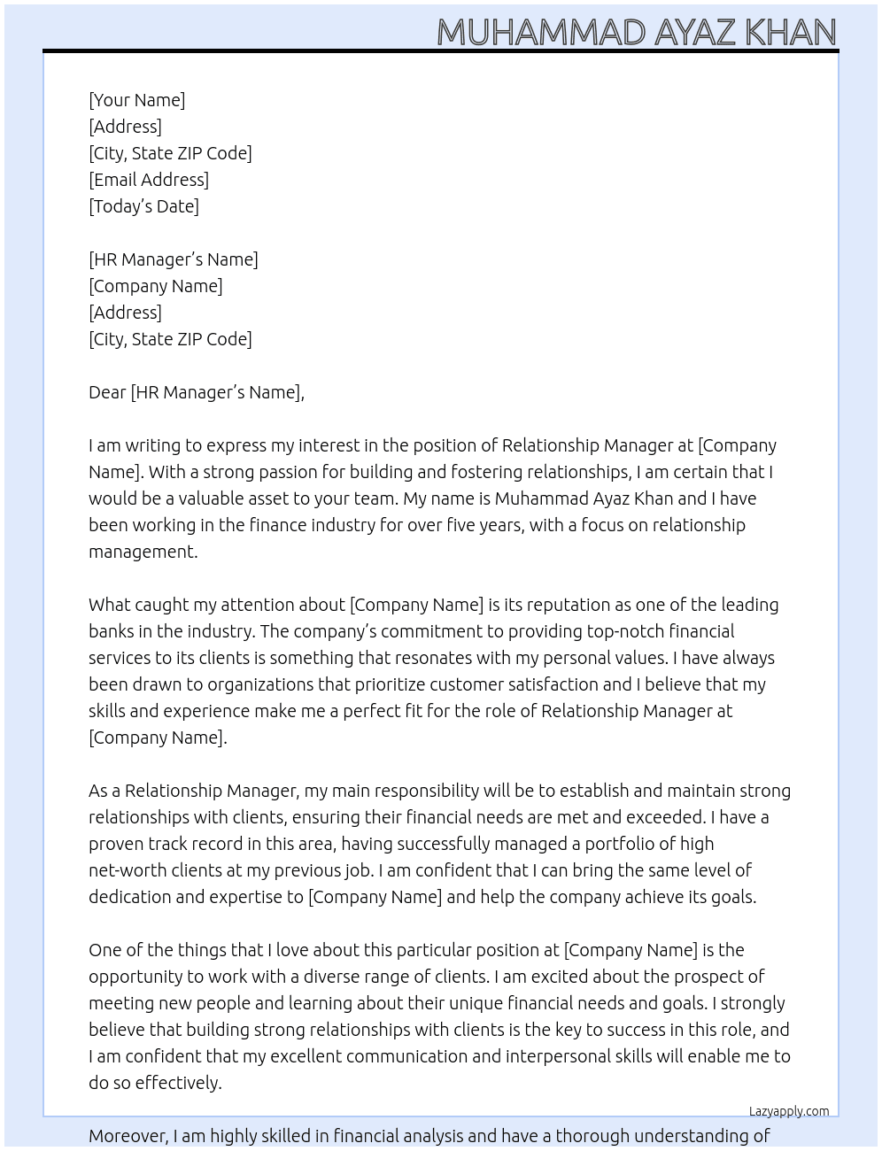 relationship manager At banks Cover Letter