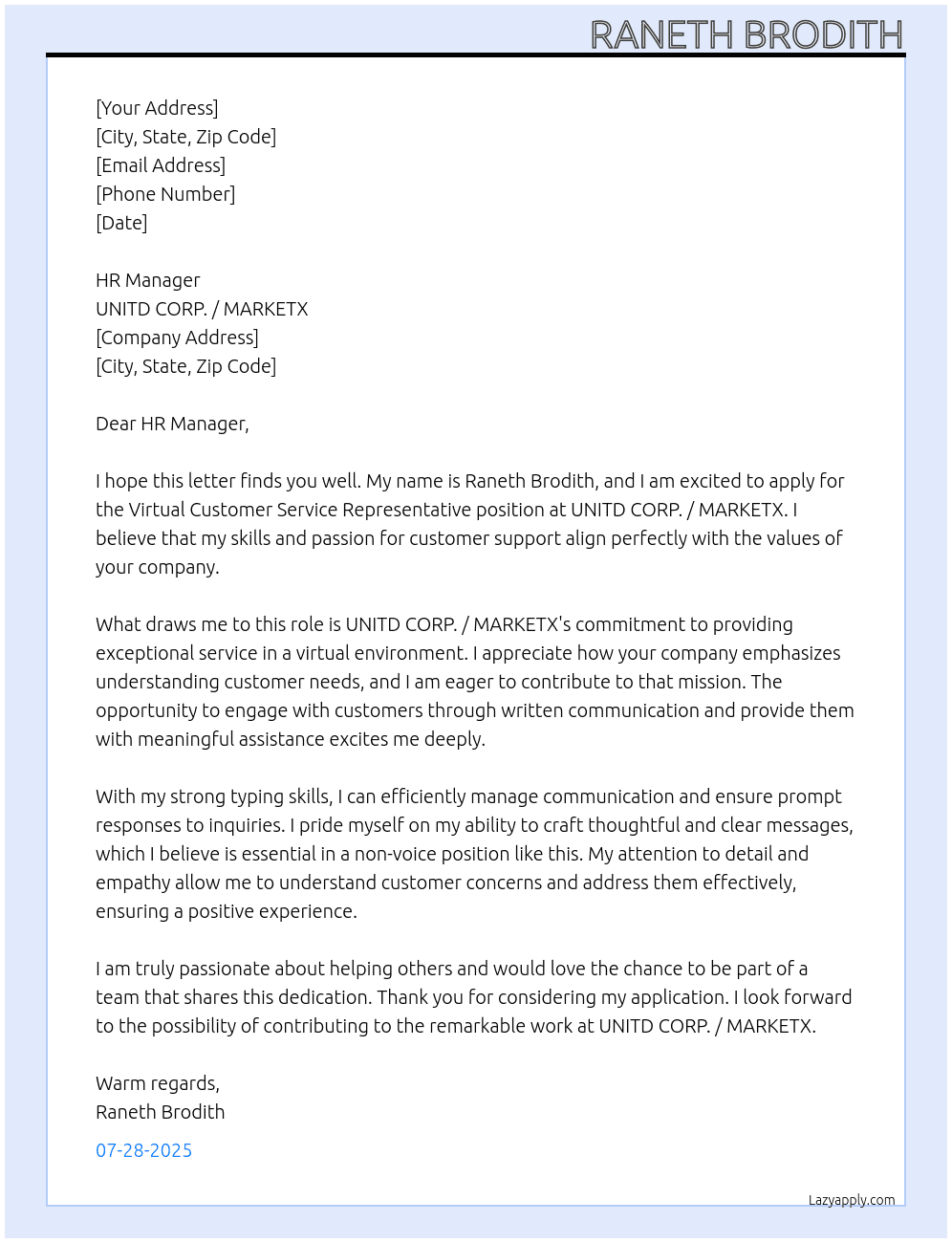 Cover letter for virtual costumer service representative - LazyApply