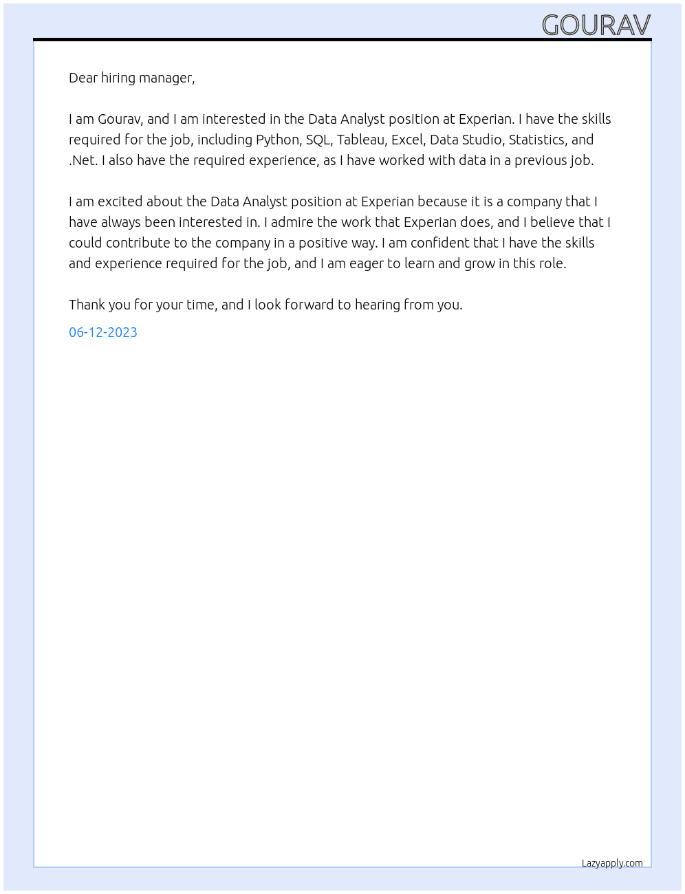 Data Analyst At Experian Cover Letter