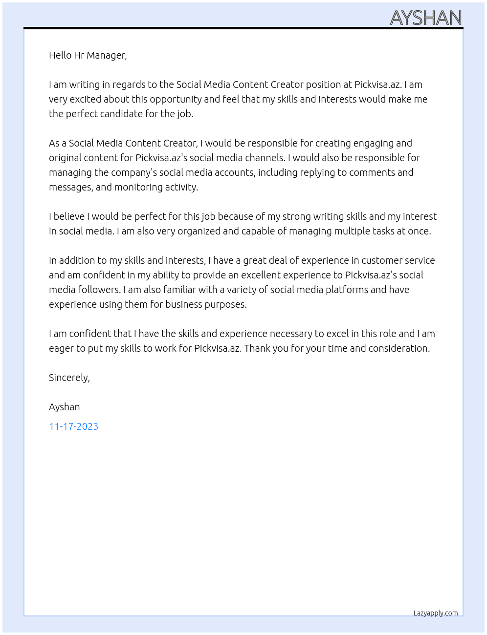 Social Media Content Creator At Pickvisa.az Cover Letter