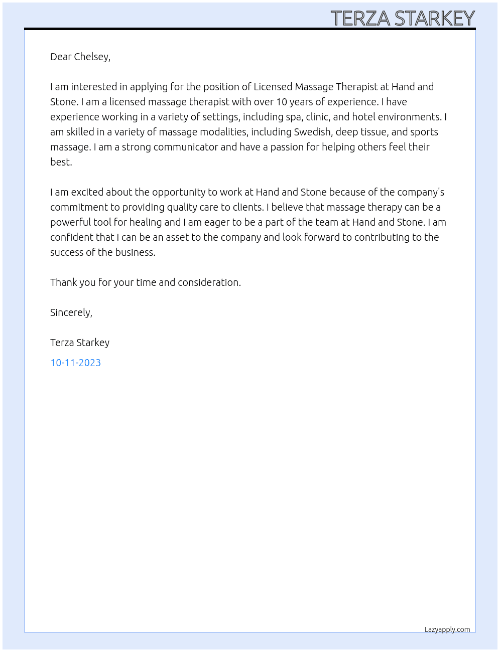 Licensed Massage Therapist  At Hand and Stone  Cover Letter