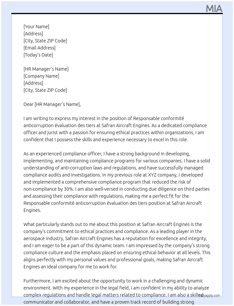 Responsable conformité anticorruption évaluation des tiers At Safran Aircraft Engines  Cover Letter