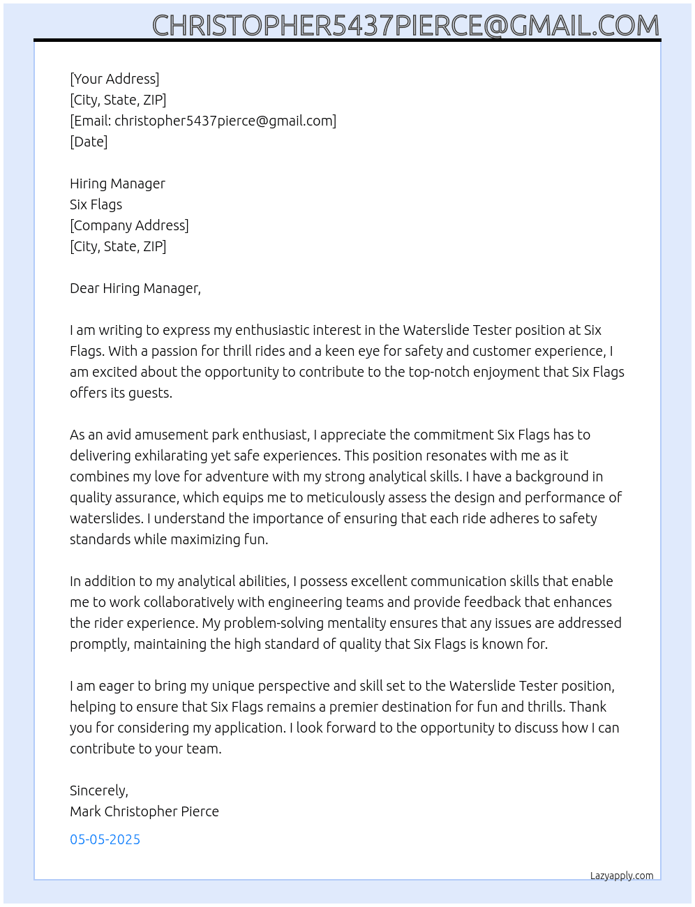 Cover letter for waterslide tester - LazyApply
