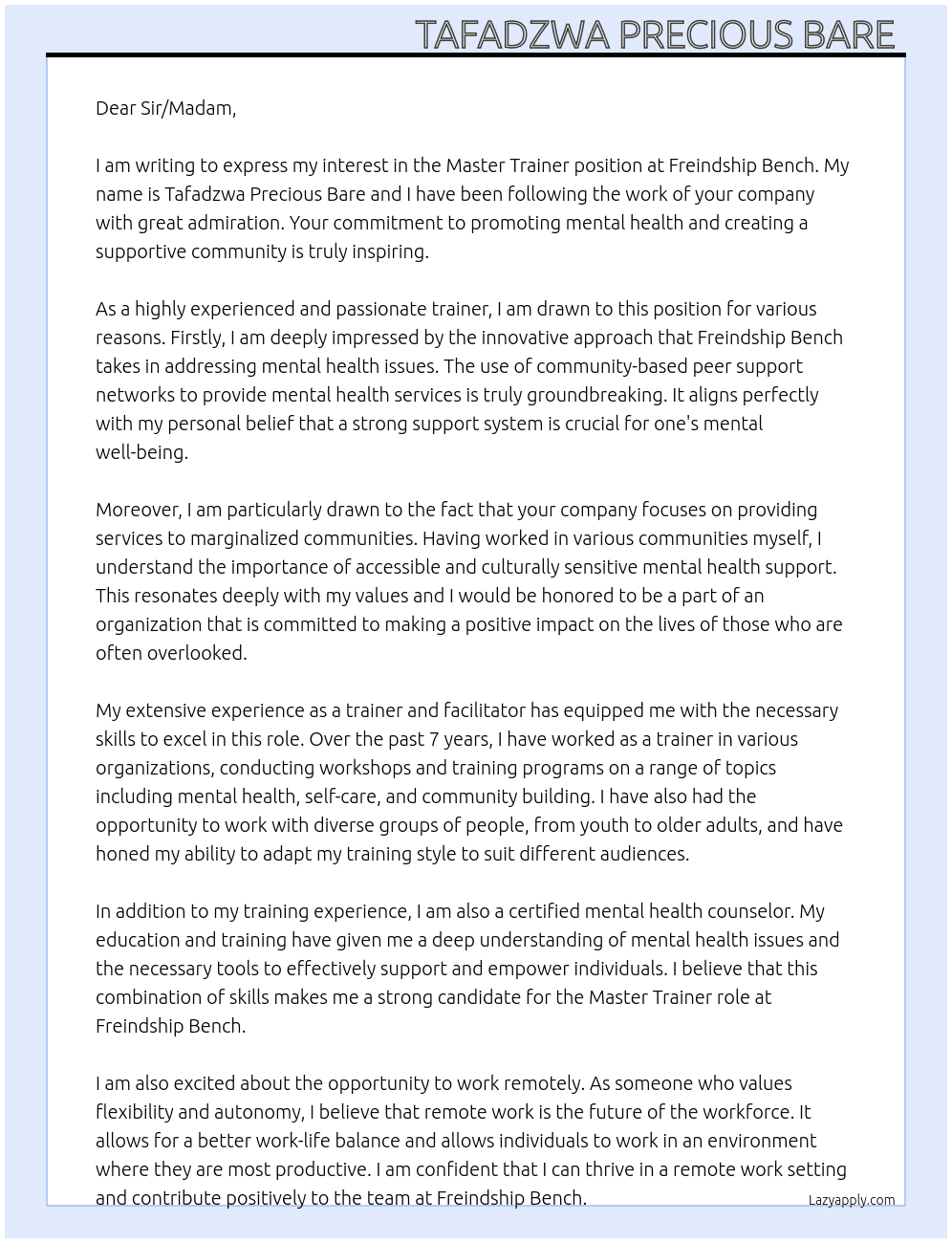 Master trainer At Freindship Bench Cover Letter