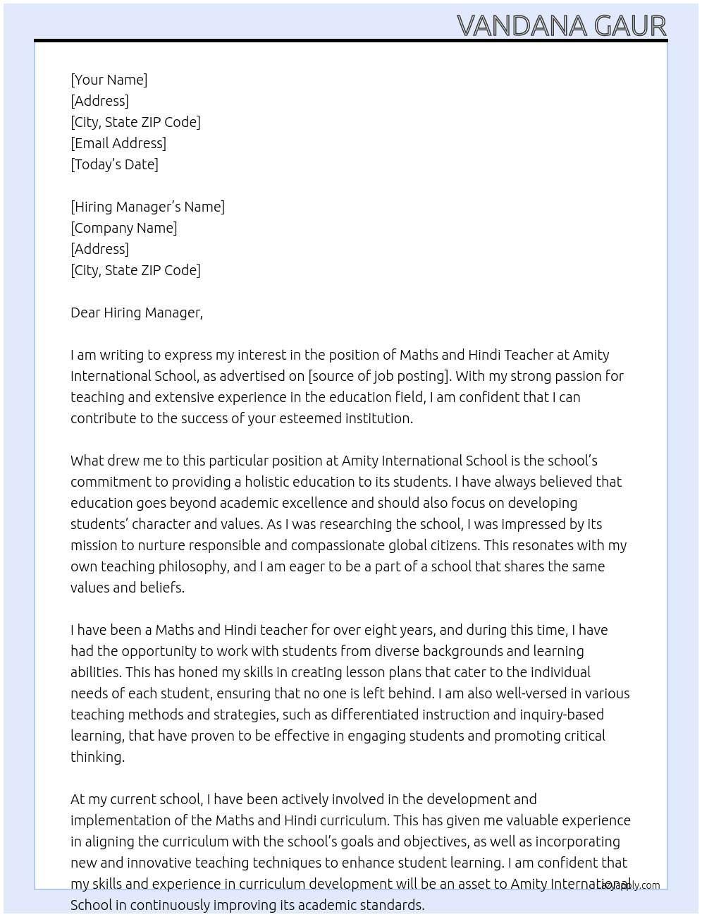 Maths and Hindi Teacher At Amity International School Cover Letter