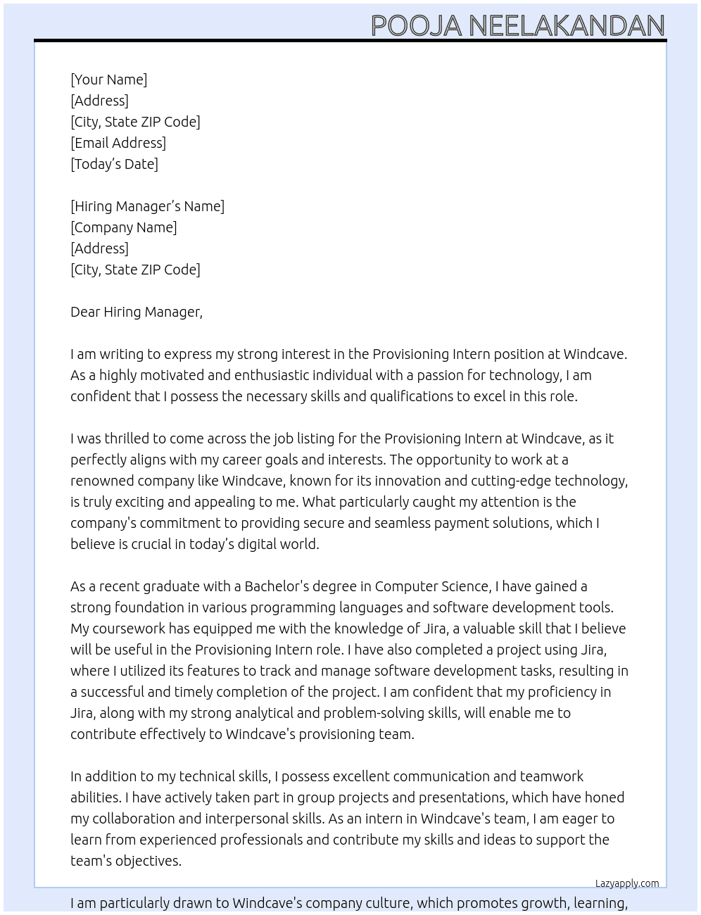 provisioning Intern At Windcave Cover Letter